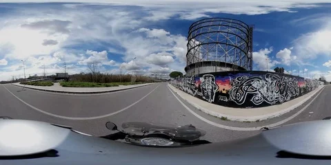 Rome. VR 360° view by a scooter Gazometro, disused industrial area. Vehicle-shot Stock Footage 87014477