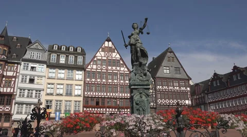 Römer square Lady Justice statue medieval facade Frankfurt am Main Germany day Stock Footage 40516371