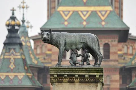 Romulus and Remus statue Timisoara city romania she-wolf statue landmark C... Stock Photos