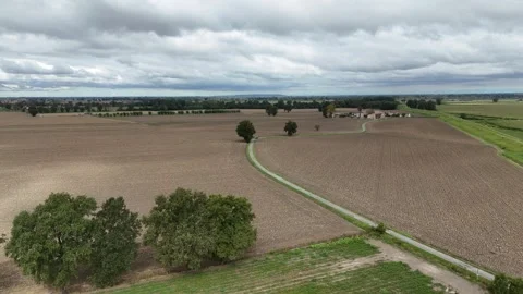 Rone diagonal forward flight over curved rural road in Po Valley farmland Stock Footage 335185975