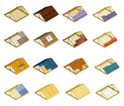 Roof Construction and Insulation Work Isometric Vector Set Stock Illustration