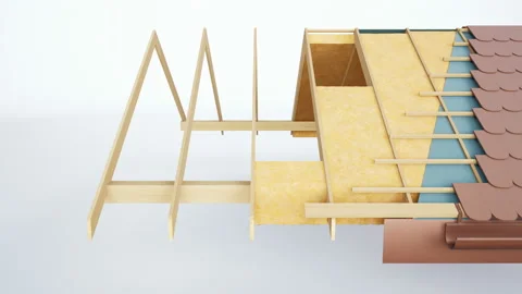 Roof construction in section, visible elements, rafters and insulation. 動画素材 106945947
