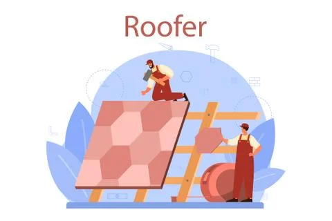 Roof construction worker. Building fixing and house renovation. Stock Illustration