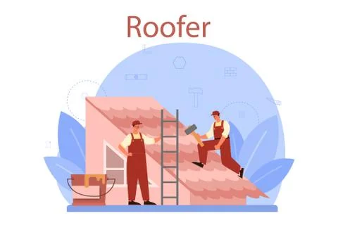 Roof construction worker. Building fixing and house renovation. Stock Illustration
