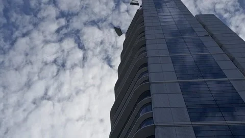 Roof Crane Lifting Facade Panel with Tag Line for Stabilization Vídeos de archivo 332902606