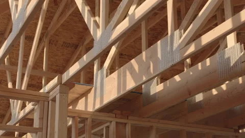 Roof Framework Inside New Home Construction - Shallow Depth of Field Stock Footage 140481418
