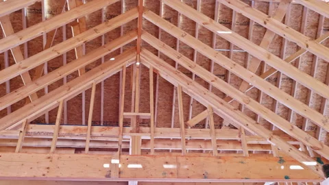 Roof framing construction in building taking place in rural area Stock Footage 342664393