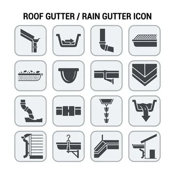 Roof gutter and rain gutter icons set, illustrating drainage systems, downs.. Stock Illustration
