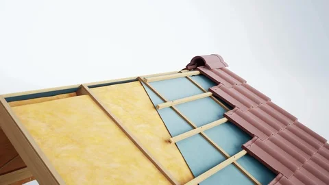 Roof layers in section: insulation, structure and brown classic ceramic tiles. 動画素材 115367418