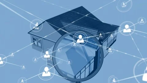 Roof node appearing, lens scanning 3D house, revealing interior and mapping user Stock Footage 331048288