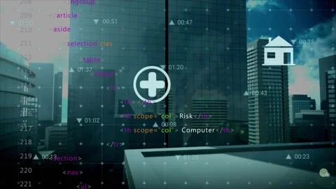 Roof view shifting thin grid scrolling code driving icons animating over Stock Footage 331062270
