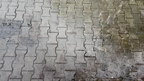 Roof Water Falling Onto Wet Interlocking Brick Pavement During Monsoon Stock Footage 342773350