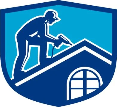 Roofer Construction Worker Working Shield Retro Stock Illustration
