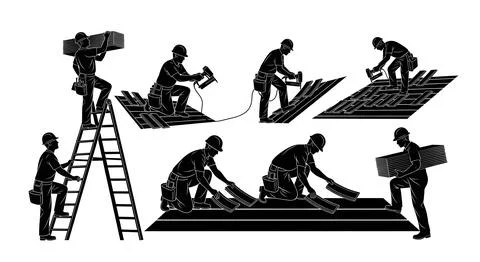 Roofer Installing Shingles Silhouette Pack Stock Illustration