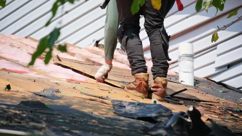 Roofer remove old wood decking of the damaged roof before installing a Stock Footage 306433187