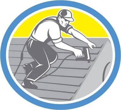 Roofer roofing worker circle retro Stock Illustration