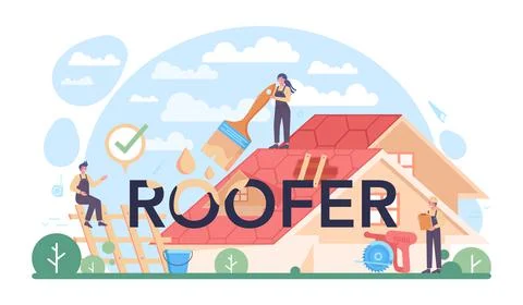 Roofer typographic header. Building fixing and house renovation. Stock Illustration