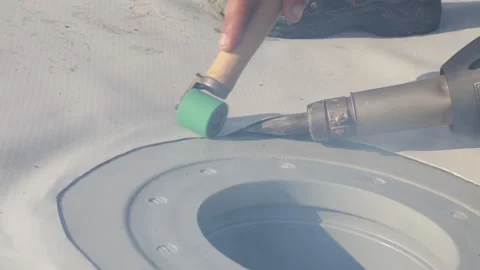 Roofer use hot air gun to weld synthetic PVC membrane. Stock Footage 143149440