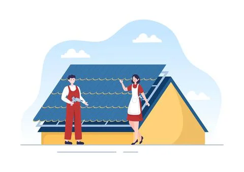 Roofing Construction Workers Template Hand Drawn Cartoon Flat Illustration wi 스톡 일러스트