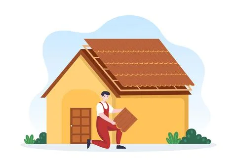 Roofing Construction Workers Template Hand Drawn Cartoon Flat Illustration wi 스톡 일러스트