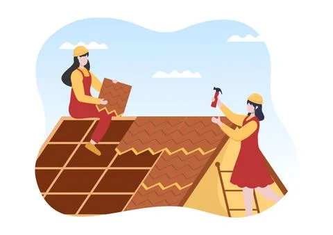 Roofing Construction Workers Template Hand Drawn Cartoon Flat Illustration wi 스톡 일러스트
