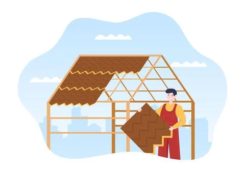Roofing Construction Workers Template Hand Drawn Cartoon Flat Illustration wi 스톡 일러스트