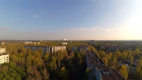 Roofs of Ghost Town Pripyat, Chernobyl Exclusion Zone, Ukraine Stock Footage 78843344