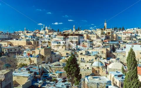 Roofs of Old City with Holy Sepulcher Church Dome, Jerusalem Stock Photos