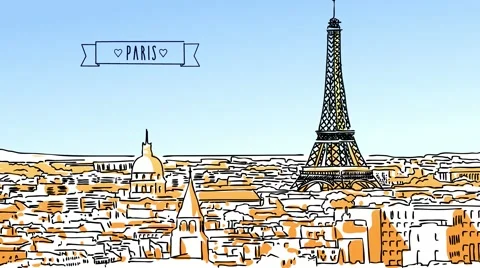 Roofs of Paris Hand-drawn animated Artwork Stock Footage 63764665