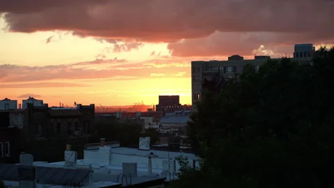 Rooftop City Sunset: Birds, Clouds, Traffic in Skyline, Still Shot Stock Footage 260119968