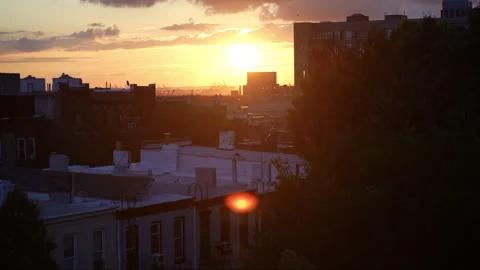 Rooftop City Sunset: Birds, Clouds, Traffic in Skyline, Pan-Up Shot Stock Footage 260121103