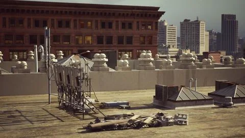 A rooftop with a collection of metal structures Ilustración de archivo