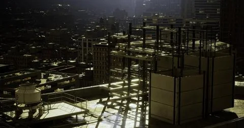 Rooftop construction project in a bustling city during sunset イラスト素材