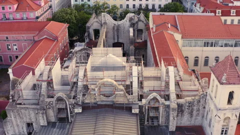 Rooftop of Convento do Carmo ruins. Lisboa, Portugal. Drone view. Stock Footage 262056646
