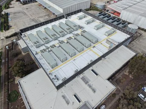 Rooftop data center with ventilation system units aerial view Stock Photos