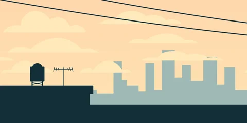 Rooftop Edge Silhouette with Power Lines Pastel Sky Stockbeeldmateriaal 326266282