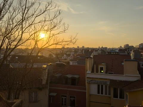Rooftop empty brick floor with panoramic city skyline during sunset. Stock Photos