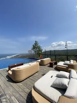 Rooftop exterior with panoramic skylight view and beach landscape Stock Photos
