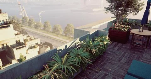 Rooftop garden view overlooking river and cityscape at sunrise 스톡 일러스트