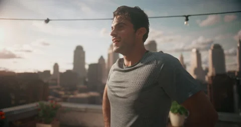 Rooftop Gym man Exercise Sweat Rest Stock Footage 326441196