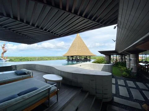 Rooftop infinity pool and bar at Krisna Oleh-Oleh (Bali Bypass), featuring .. Stock Photos