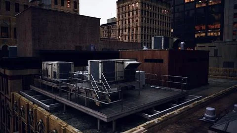 A rooftop with a lot of buildings in the background Ilustración de archivo