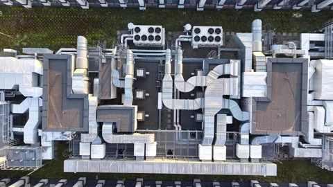 Rooftop of modern office building HVAC system with air conditioning units Видео 340979166