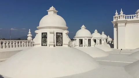 Rooftop pan of the Cathedral of Leon, largest in Central America. Stock Footage 67394242