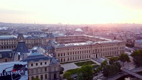 Rooftop panning view of Paris cityscape. Large buildings of Louvre museum Stock Footage 176892041