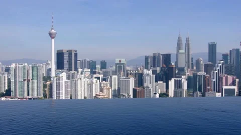 Rooftop panoramic view on Kuala Lumpur over infinite swimming pool. The city 動画素材 232959343