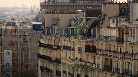 Rooftop Panoramic View of Paris Cityscape and Urban Buildings Next to Stock Footage 242010209