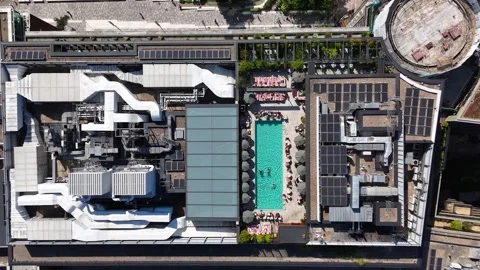 Rooftop plant, ventilation units, solar panels and a swimming pool terrace Stock Footage 343475967