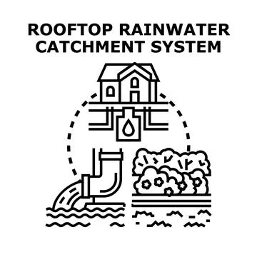 Rooftop rainwater catchment system collecting water for reuse Ilustración de archivo