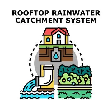 Rooftop rainwater catchment system collecting water for reuse Ilustración de archivo